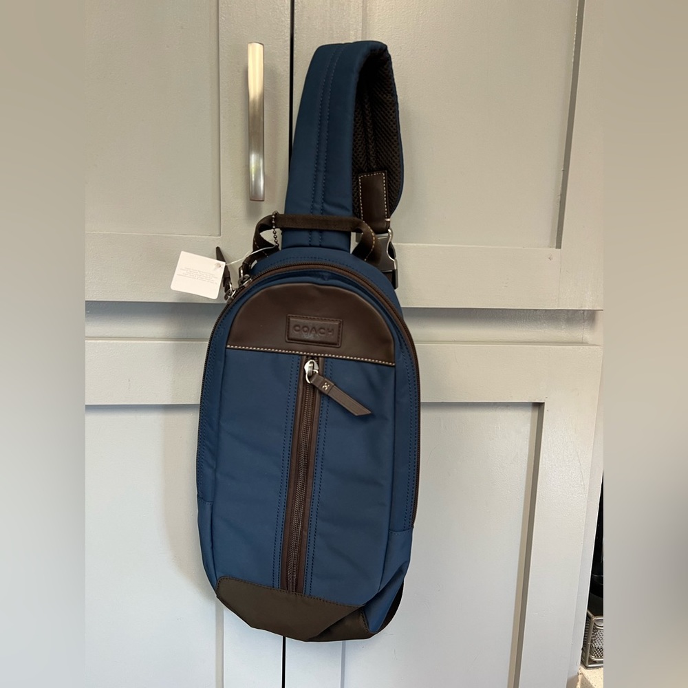 New with Tags Coach Dark Blue Varick Nylon Sling Bag with Brown Leather Trim